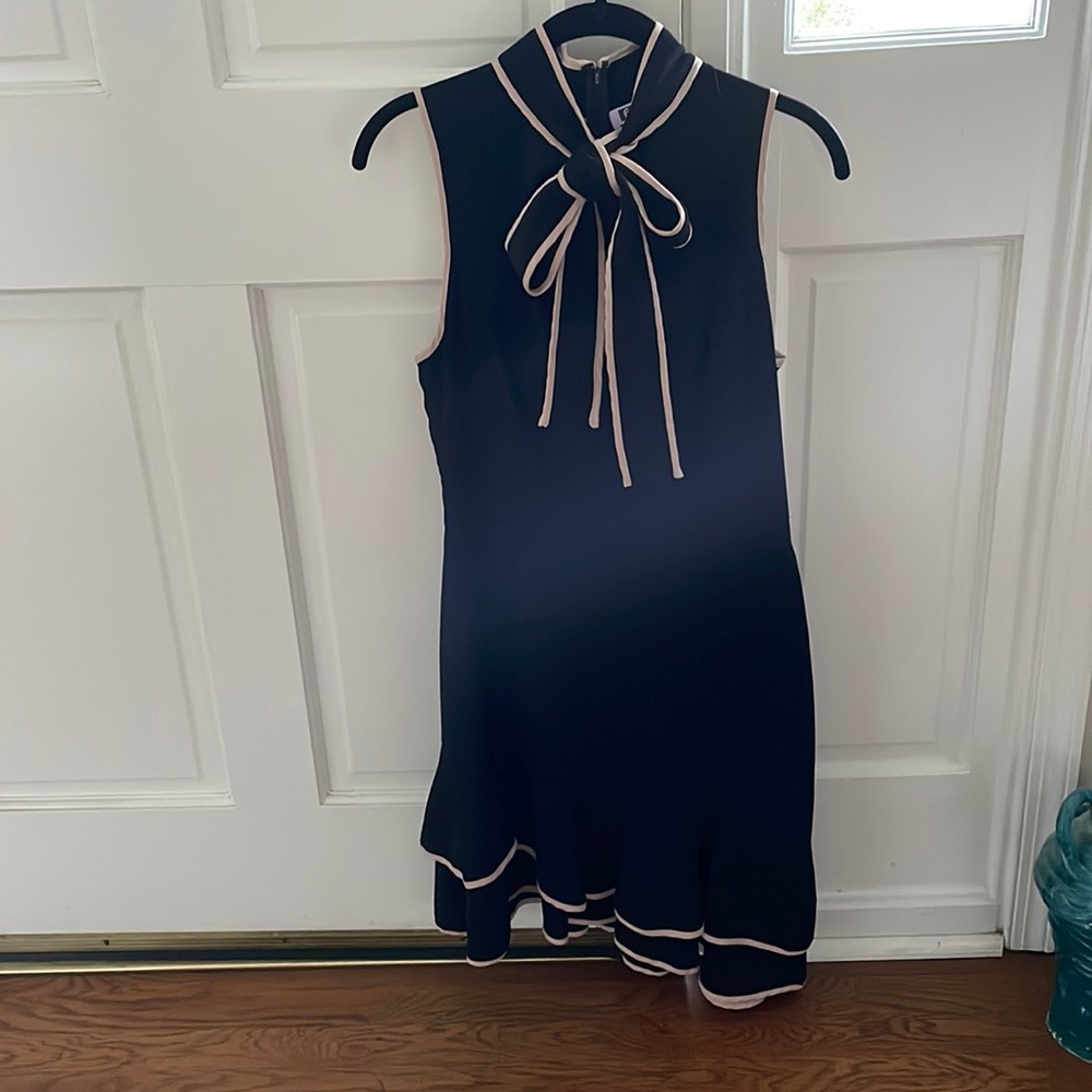 Sleeveless midi dress by Amanda Uprichard.  Black trimmed with ballet pink.